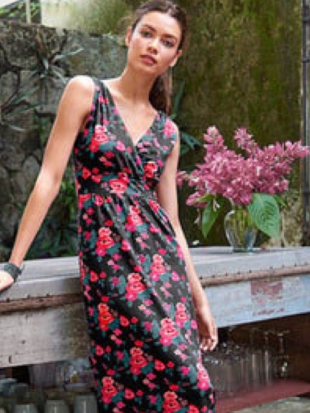 Garnet Hill Floral Maxi Dress Womens 16 Black Sleeveless V-Neck Jersey NWOT